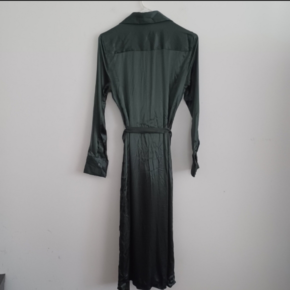 Zara Satin Effect Hunter Green Long Sleeve Belted Collared Midi Dress | sz M - Picture 9 of 15